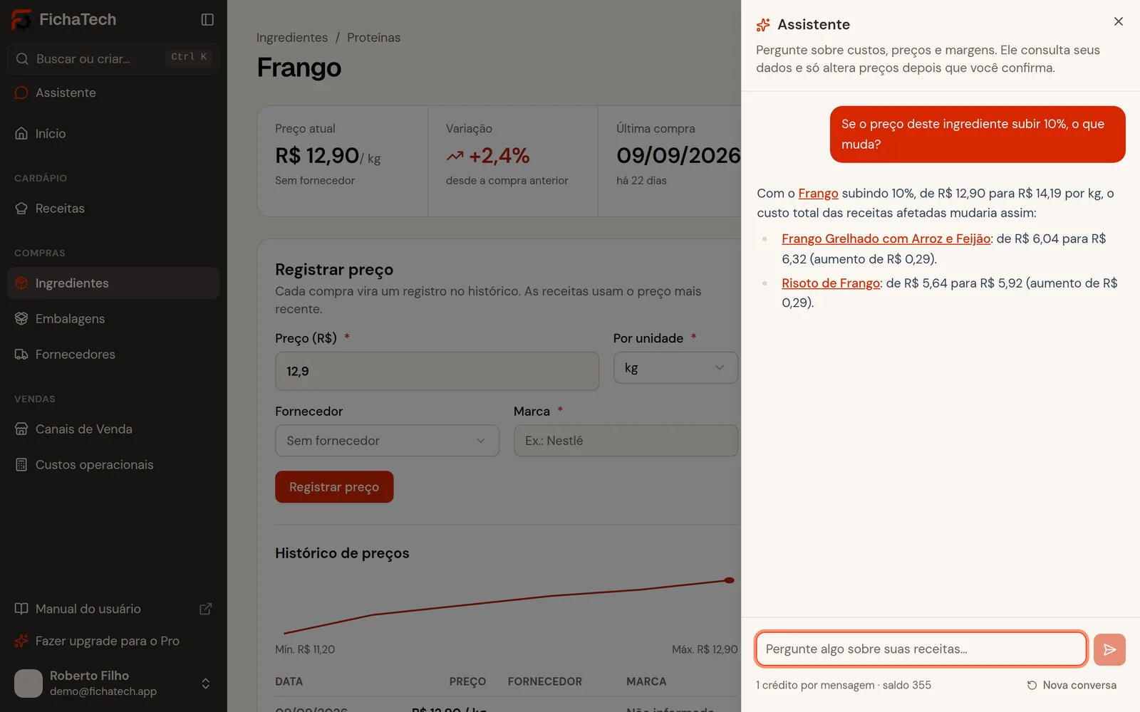 Assistente simulando alta de 10% no preço do frango e mostrando o novo custo de cada receita