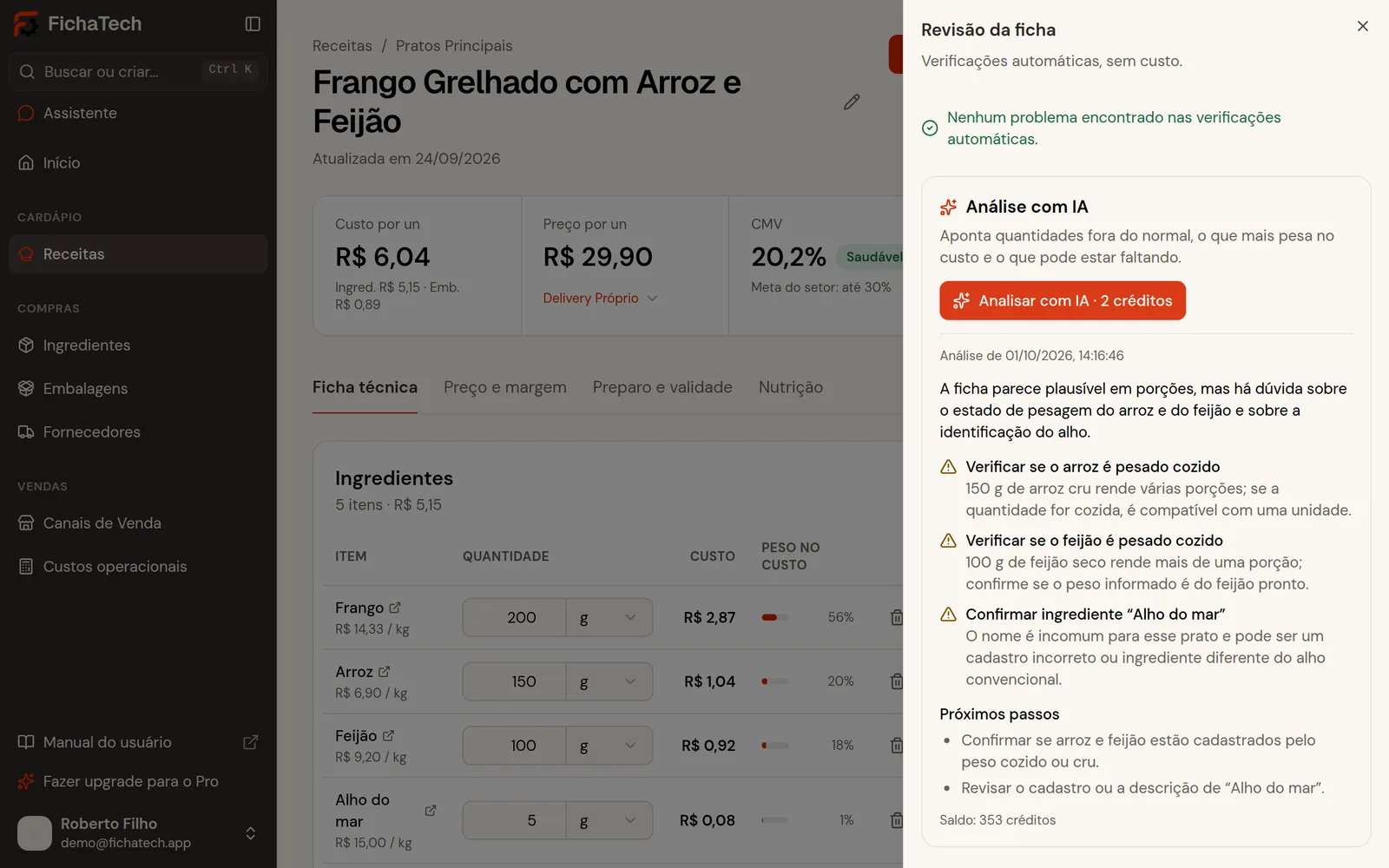 Análise com IA da ficha: dúvidas sobre arroz e feijão pesados crus ou cozidos e sobre o ingrediente Alho do mar, com próximos passos