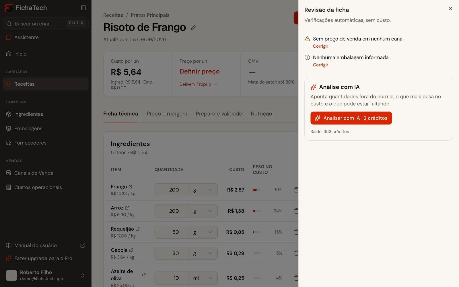 Revisão da ficha do Risoto de Frango apontando falta de preço de venda e de embalagem, com links Corrigir