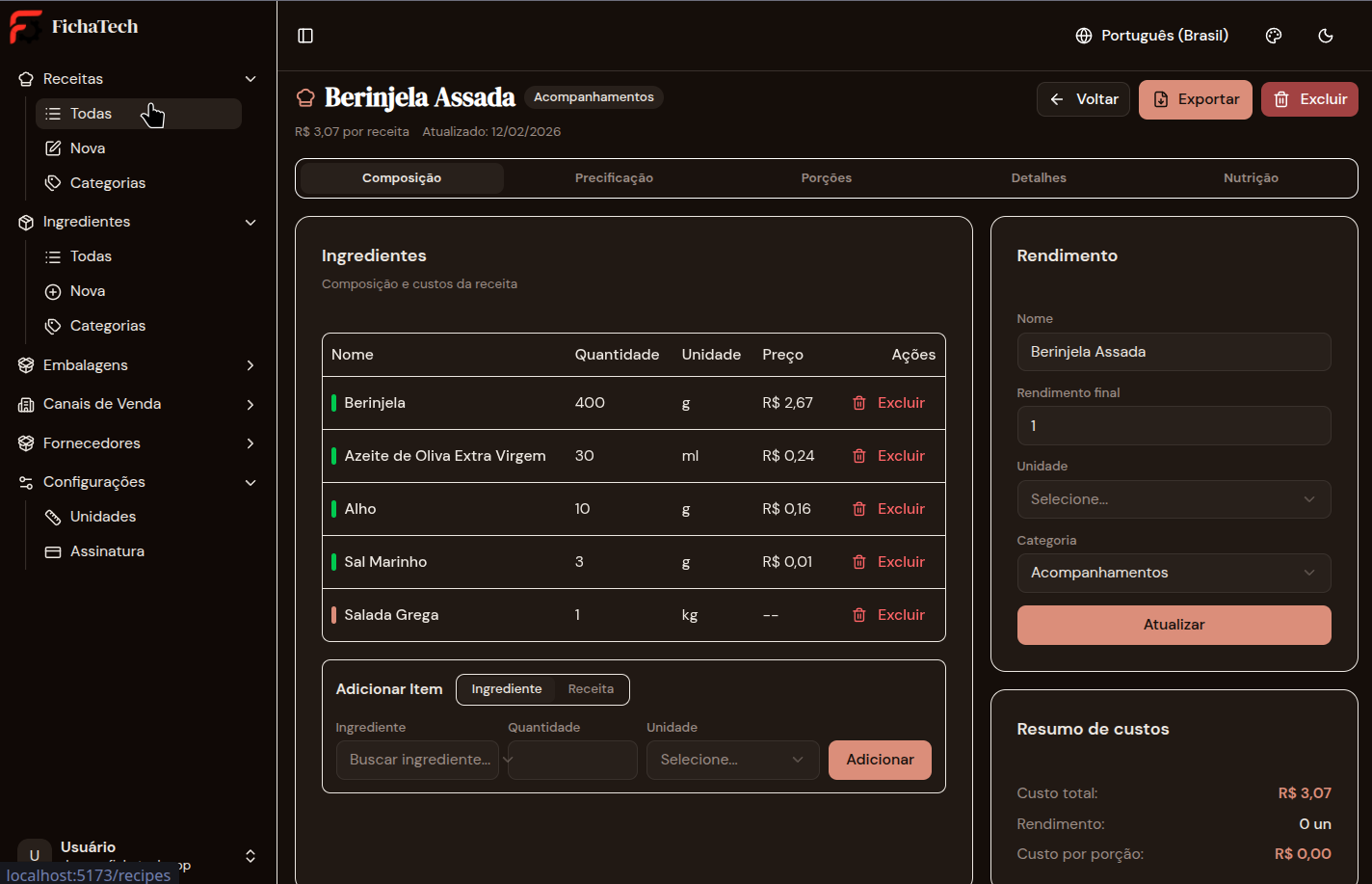 Dashboard do FichaTech exibindo custo de receita e ficha técnica